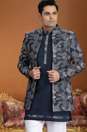 blue computer thread work on art silk 3 peice indo western set for men 