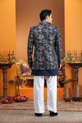 blue computer thread work on art silk 3 peice indo western set for men  4