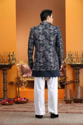blue computer thread work on art silk 3 peice indo western set for men 