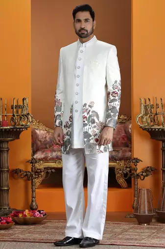 cream computer thread work on art silk 3 peice indo western set for men 