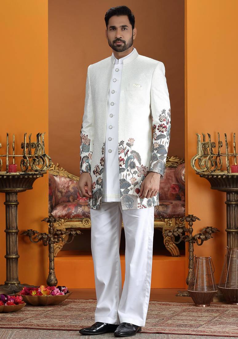 cream computer thread work on art silk 3 peice indo western set for men 