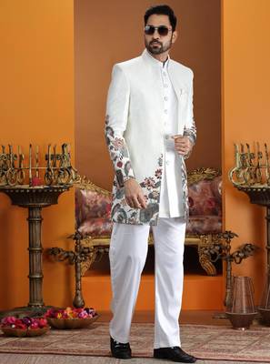 cream computer thread work on art silk 3 peice indo western set for men  2