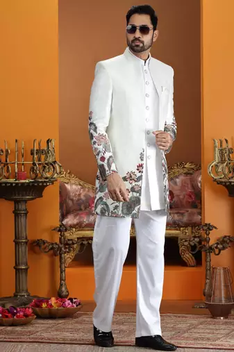cream computer thread work on art silk 3 peice indo western set for men 