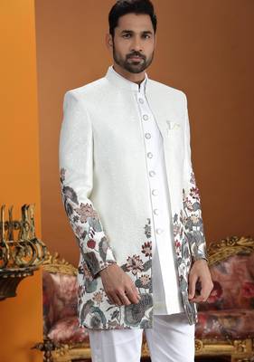 cream computer thread work on art silk 3 peice indo western set for men  3
