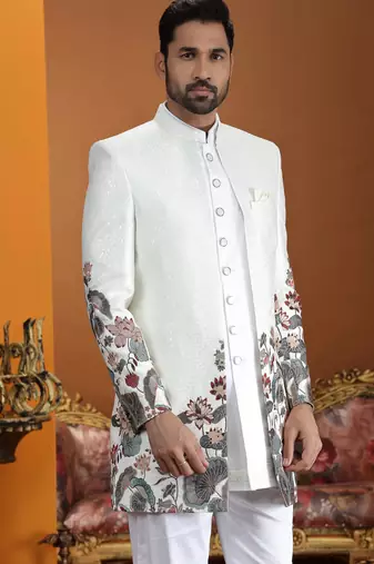 cream computer thread work on art silk 3 peice indo western set for men 
