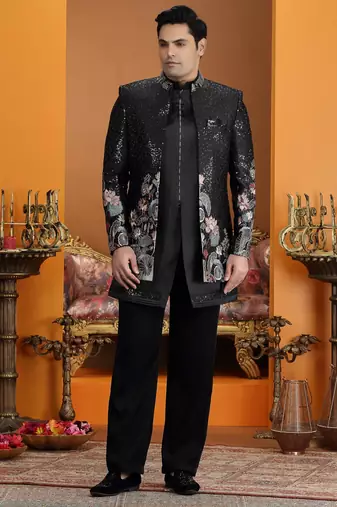 black computer thread work on art silk 3 peice indo western set for men 