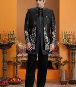 black computer thread work on art silk 3 peice indo western set for men 