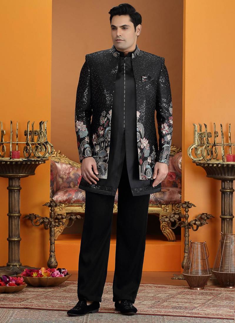 black computer thread work on art silk 3 peice indo western set for men 