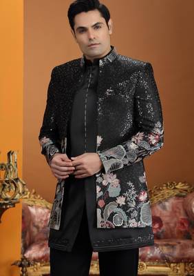 black computer thread work on art silk 3 peice indo western set for men  3