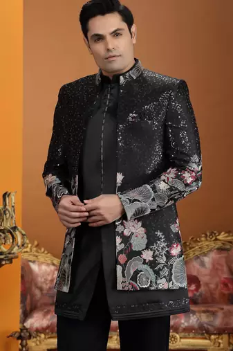 black computer thread work on art silk 3 peice indo western set for men 