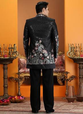 black computer thread work on art silk 3 peice indo western set for men  4