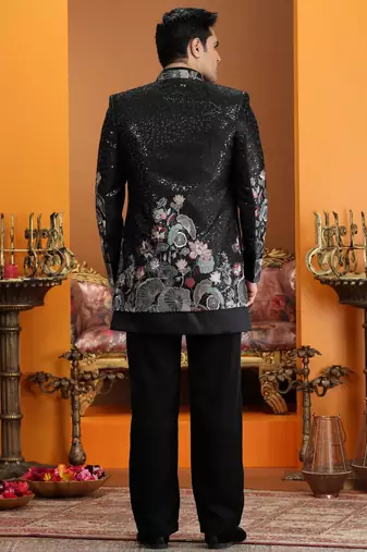 black computer thread work on art silk 3 peice indo western set for men 