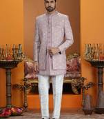 onion pink computer thread work on art silk 3 peice indo western set for men 