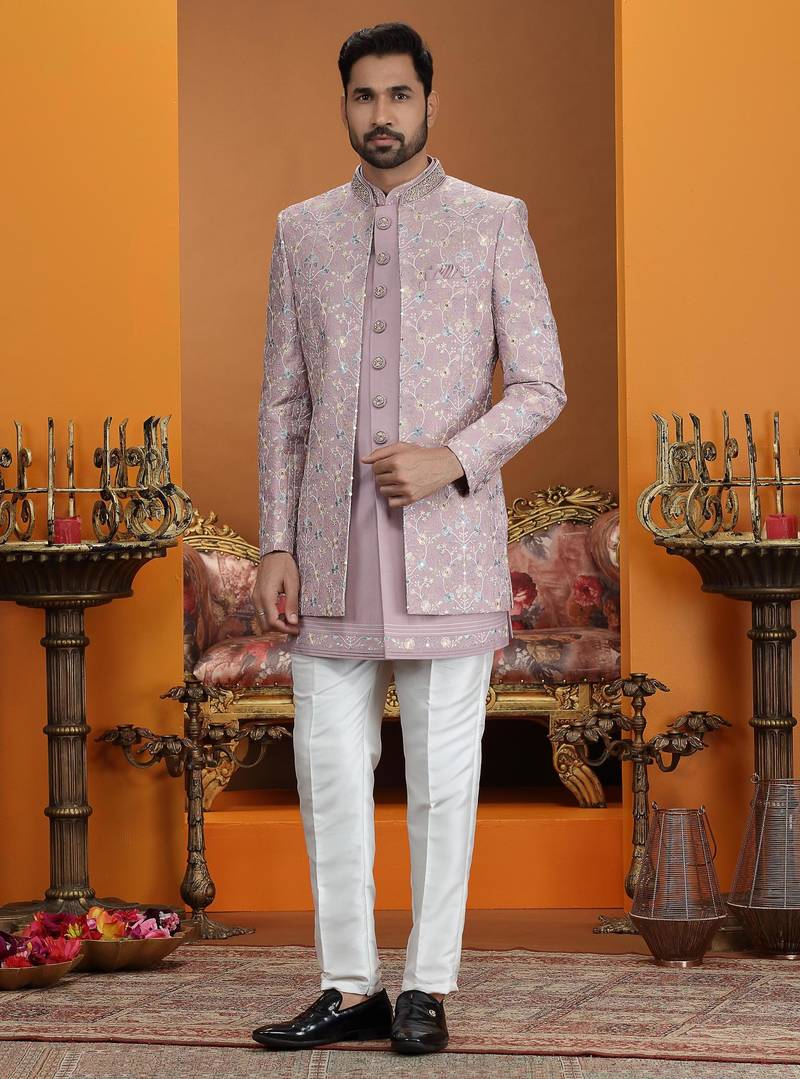 onion pink computer thread work on art silk 3 peice indo western set for men 