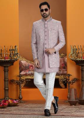 onion pink computer thread work on art silk 3 peice indo western set for men  2