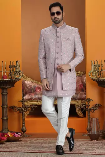onion pink computer thread work on art silk 3 peice indo western set for men 