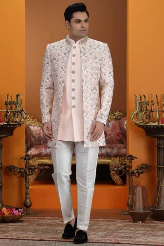 pink computer thread work on art silk 3 peice indo western set for men 