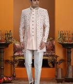 pink computer thread work on art silk 3 peice indo western set for men 