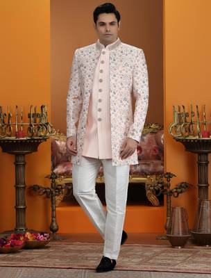 pink computer thread work on art silk 3 peice indo western set for men  2