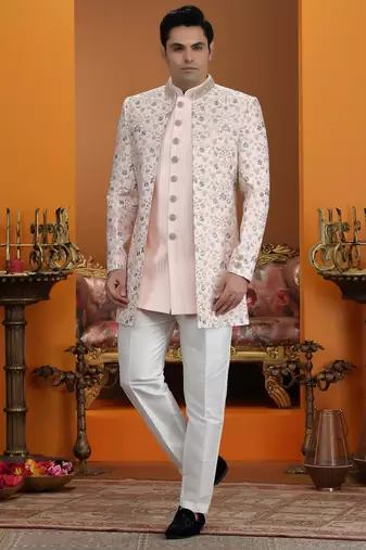 pink computer thread work on art silk 3 peice indo western set for men 