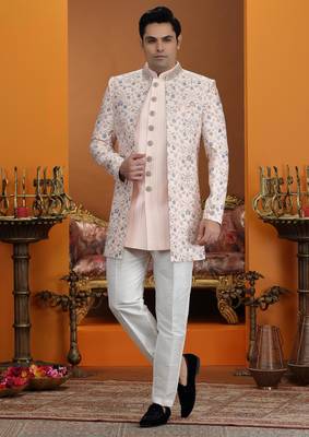 pink computer thread work on art silk 3 peice indo western set for men  3