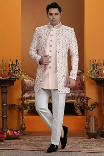 pink computer thread work on art silk 3 peice indo western set for men 