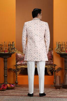 pink computer thread work on art silk 3 peice indo western set for men  4