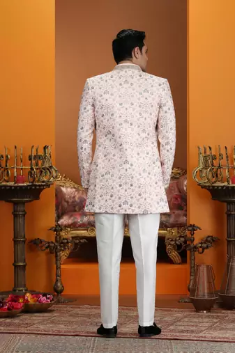pink computer thread work on art silk 3 peice indo western set for men 