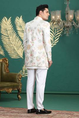 cream computer thread work on art silk 3 peice indo western set for men  2