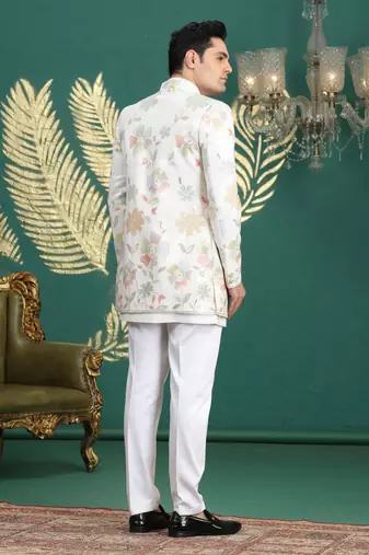 cream computer thread work on art silk 3 peice indo western set for men 