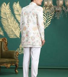 cream computer thread work on art silk 3 peice indo western set for men 