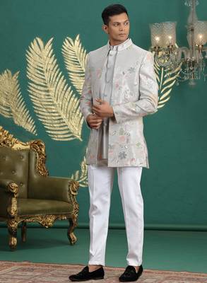 grey computer thread work on art silk 3 peice indo western set for men  1
