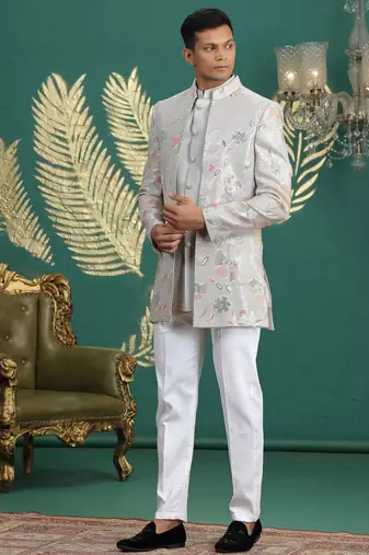 grey computer thread work on art silk 3 peice indo western set for men 