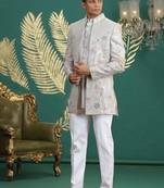 grey computer thread work on art silk 3 peice indo western set for men 