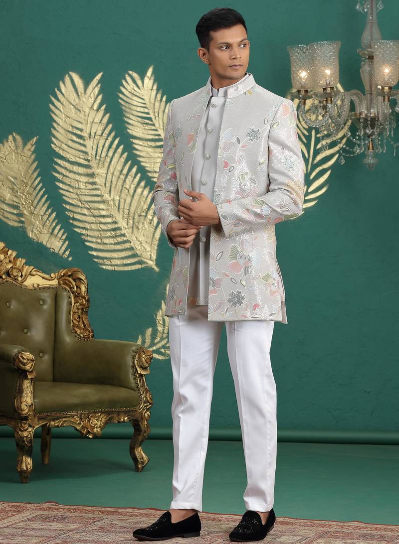 grey computer thread work on art silk 3 peice indo western set for men 