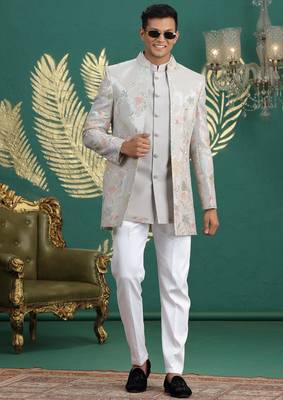 grey computer thread work on art silk 3 peice indo western set for men  2