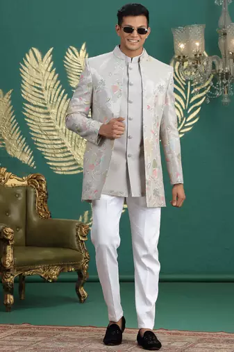 grey computer thread work on art silk 3 peice indo western set for men 