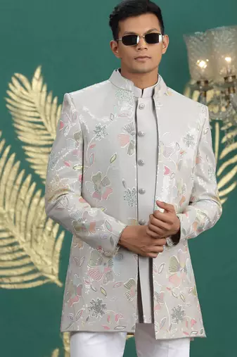 grey computer thread work on art silk 3 peice indo western set for men 