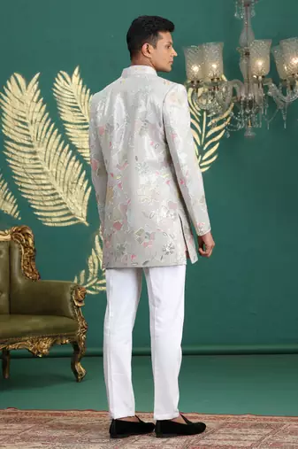 grey computer thread work on art silk 3 peice indo western set for men 
