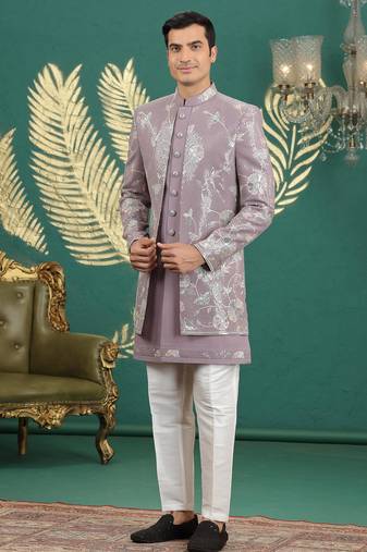 onion pink computer thread work on art silk 3 peice indo western set for men 