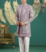 onion pink computer thread work on art silk 3 peice indo western set for men 