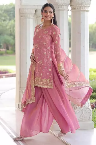 Pink Fandy Embroidered Kurta Sharara Set