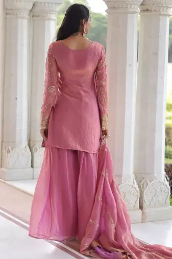 Pink Fandy Embroidered Kurta Sharara Set