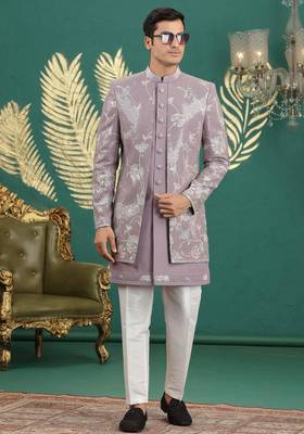 onion pink computer thread work on art silk 3 peice indo western set for men  2