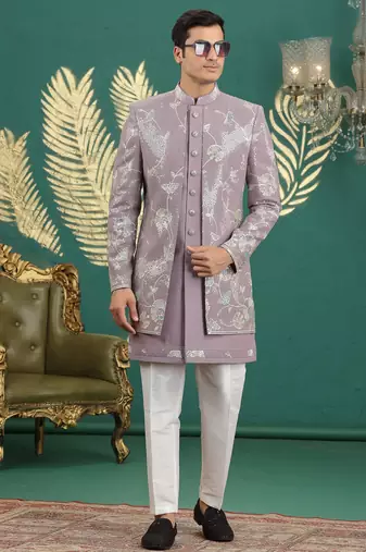 onion pink computer thread work on art silk 3 peice indo western set for men 
