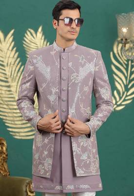 onion pink computer thread work on art silk 3 peice indo western set for men  3