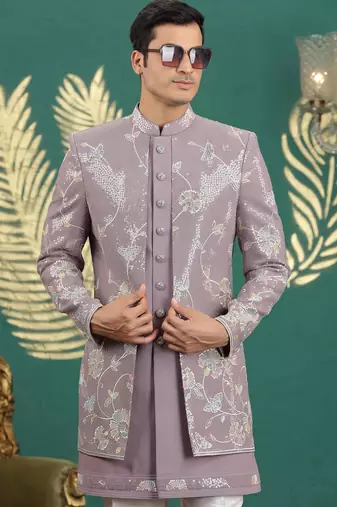 onion pink computer thread work on art silk 3 peice indo western set for men 