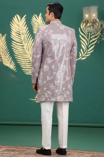 onion pink computer thread work on art silk 3 peice indo western set for men 