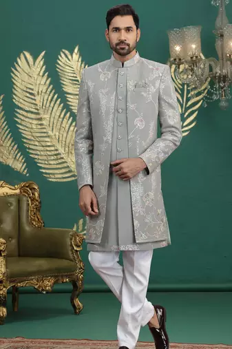 green computer thread work on art silk 3 peice indo western set for men 