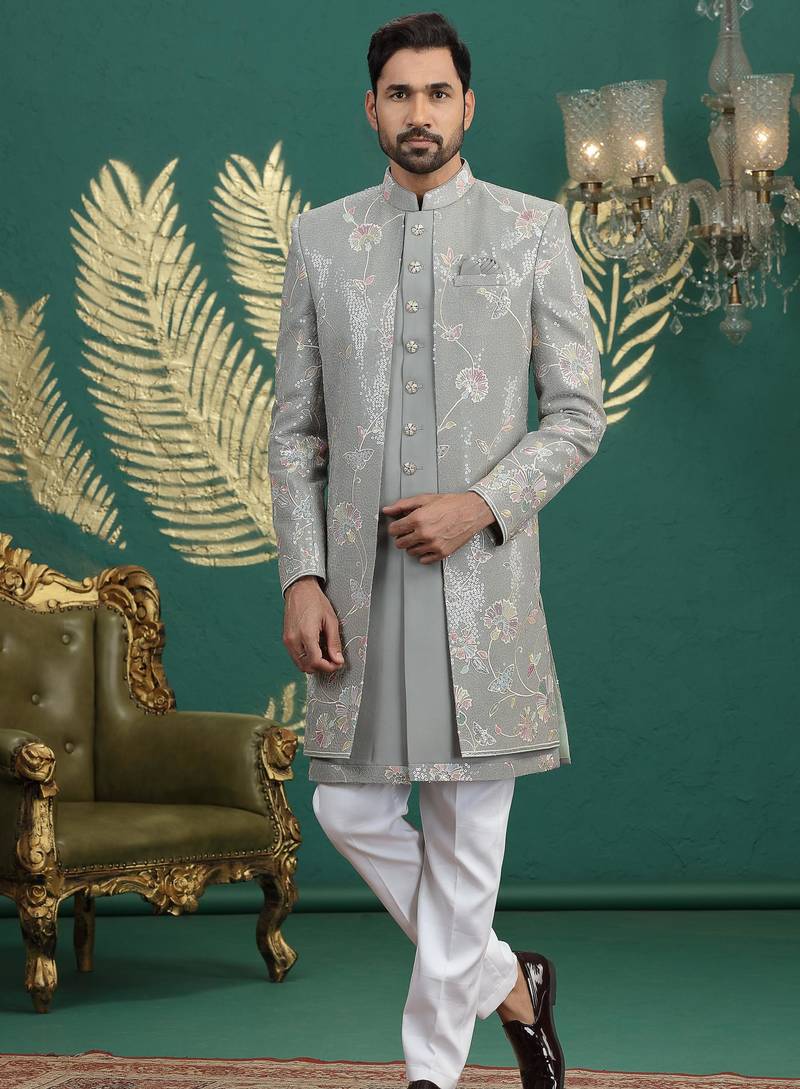 green computer thread work on art silk 3 peice indo western set for men 